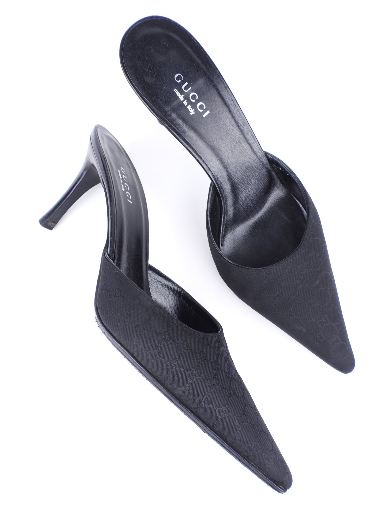 Gucci Black GG Monogram Canvas and Leather Stiletto Heel Mules - 36