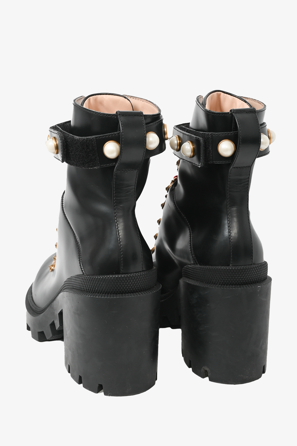 Gucci Black Leather Faux Pearl Accent Lace-Up Heeled Combat Boots Size 37.5