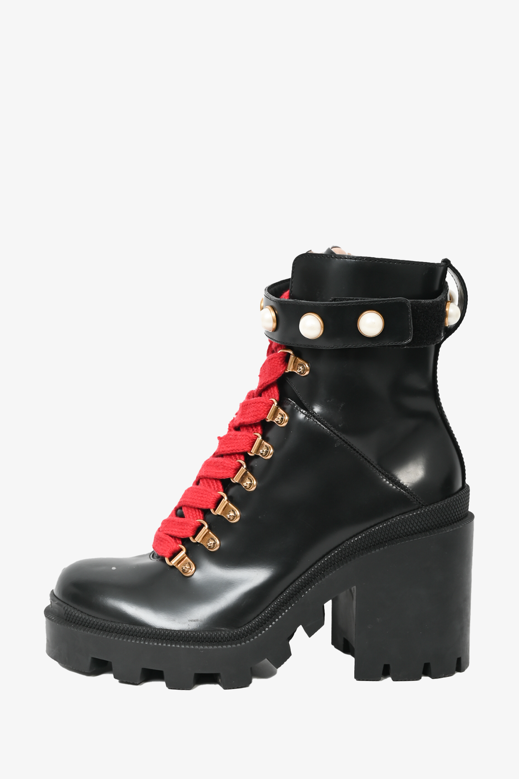 Gucci Black Leather Faux Pearl Accent Lace-Up Heeled Combat Boots Size 37.5