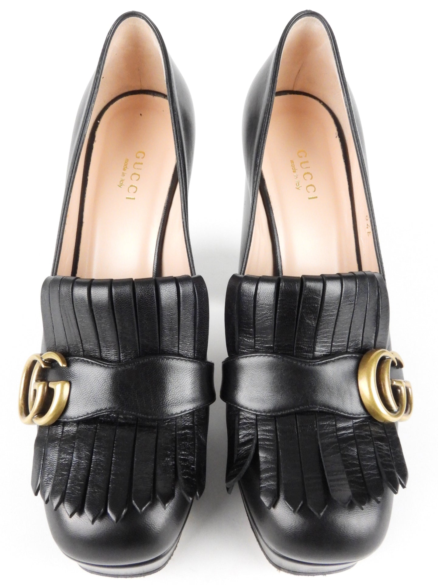 Gucci Black Leather GG Malaga Fringe Loafer Block Heel Platform Pumps - 37