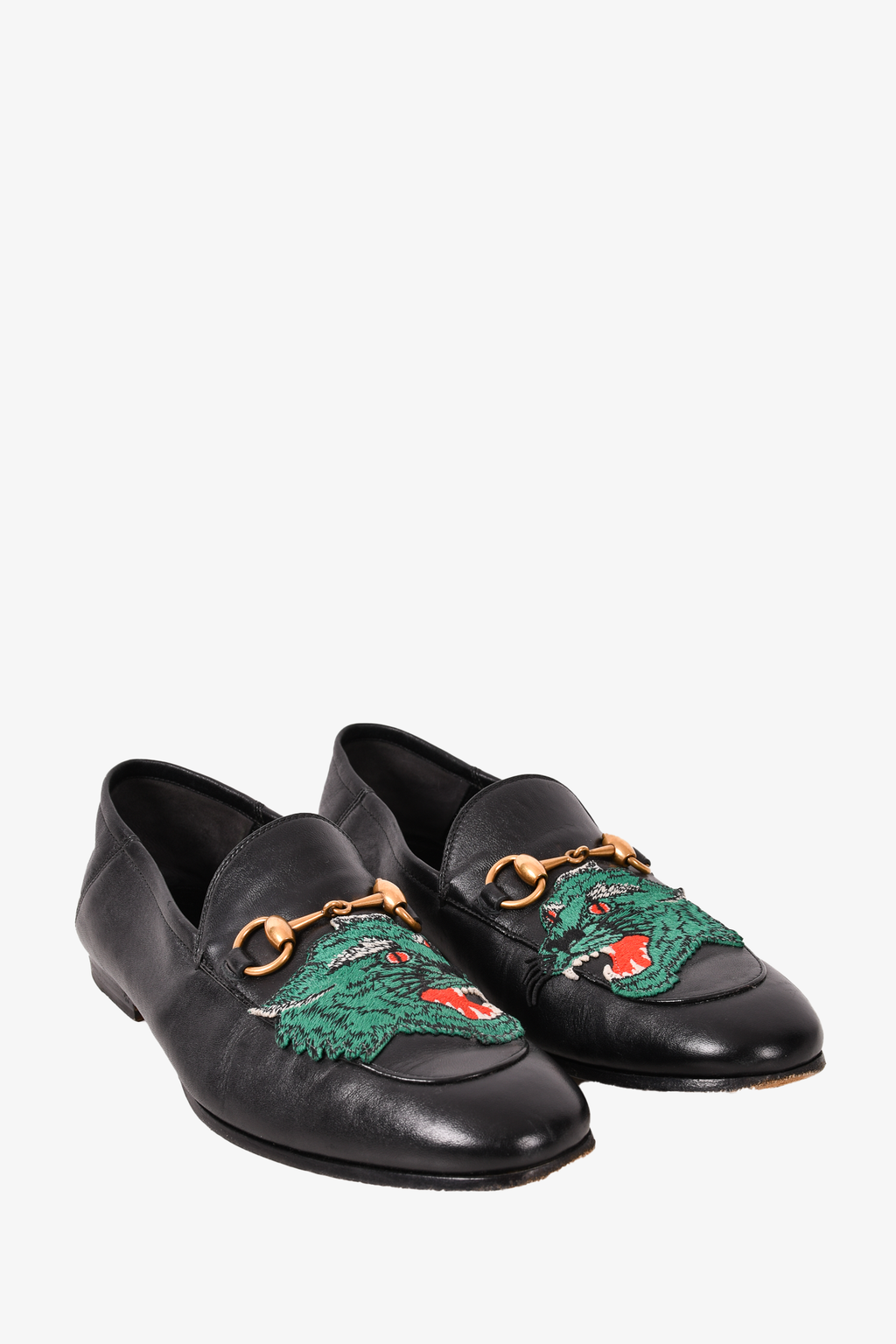 Gucci Black Leather Green Animal Embroidered Horsebit Loafers Size 6 Mens