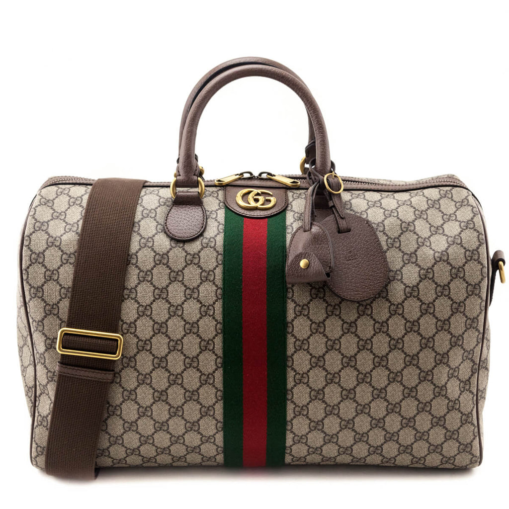 Gucci Brown Monogram GG Supreme Canvas Web Ophidia Medium Duffle Bag
