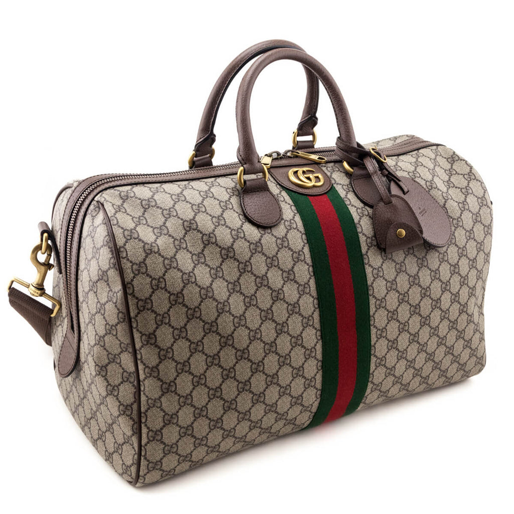 Gucci Brown Monogram GG Supreme Canvas Web Ophidia Medium Duffle Bag