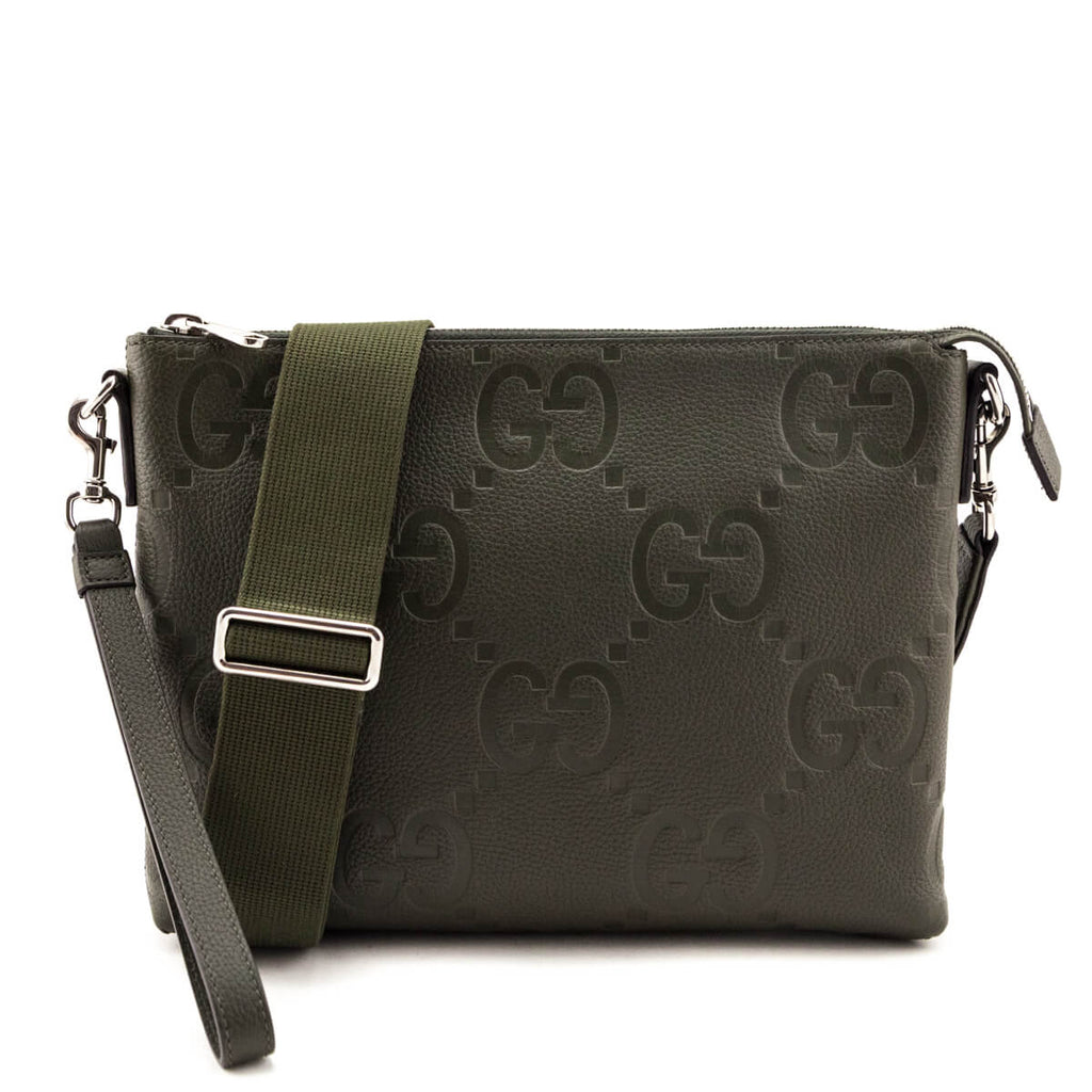 Gucci Dark Green Piuma Calfskin Jumbo GG Embossed Medium Wristlet Messenger Bag