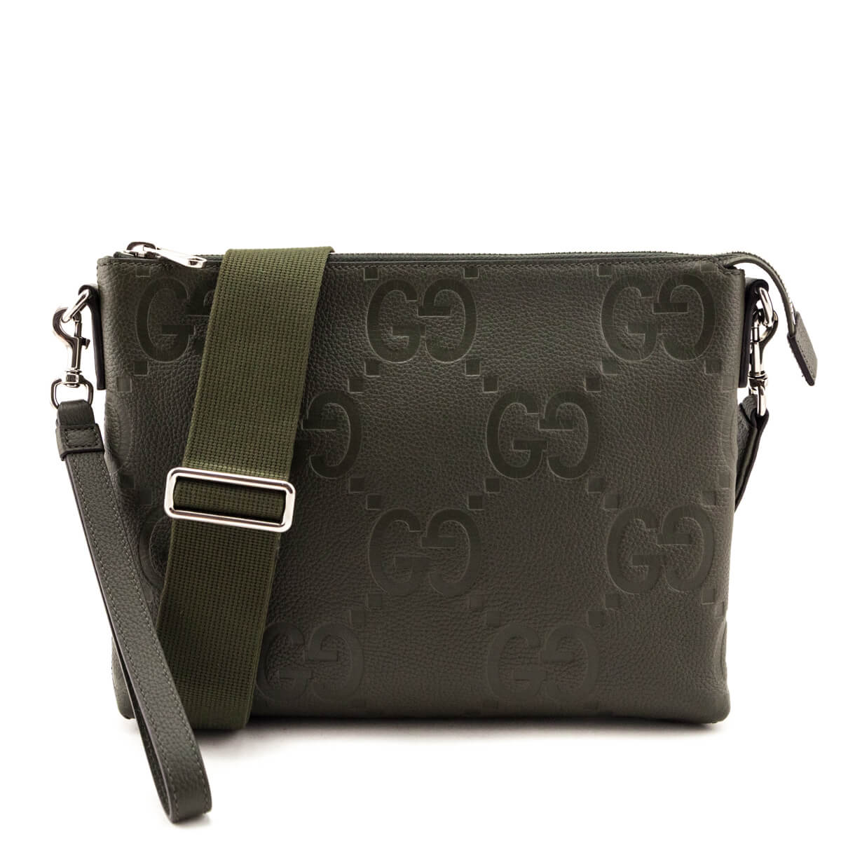 Gucci Dark Green Piuma Calfskin Jumbo GG Embossed Medium Wristlet Messenger Bag