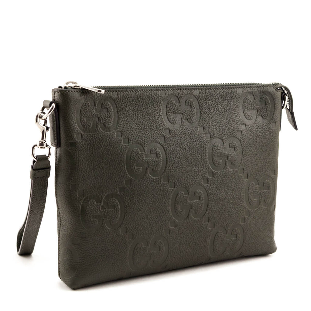 Gucci Dark Green Piuma Calfskin Jumbo GG Embossed Medium Wristlet Messenger Bag