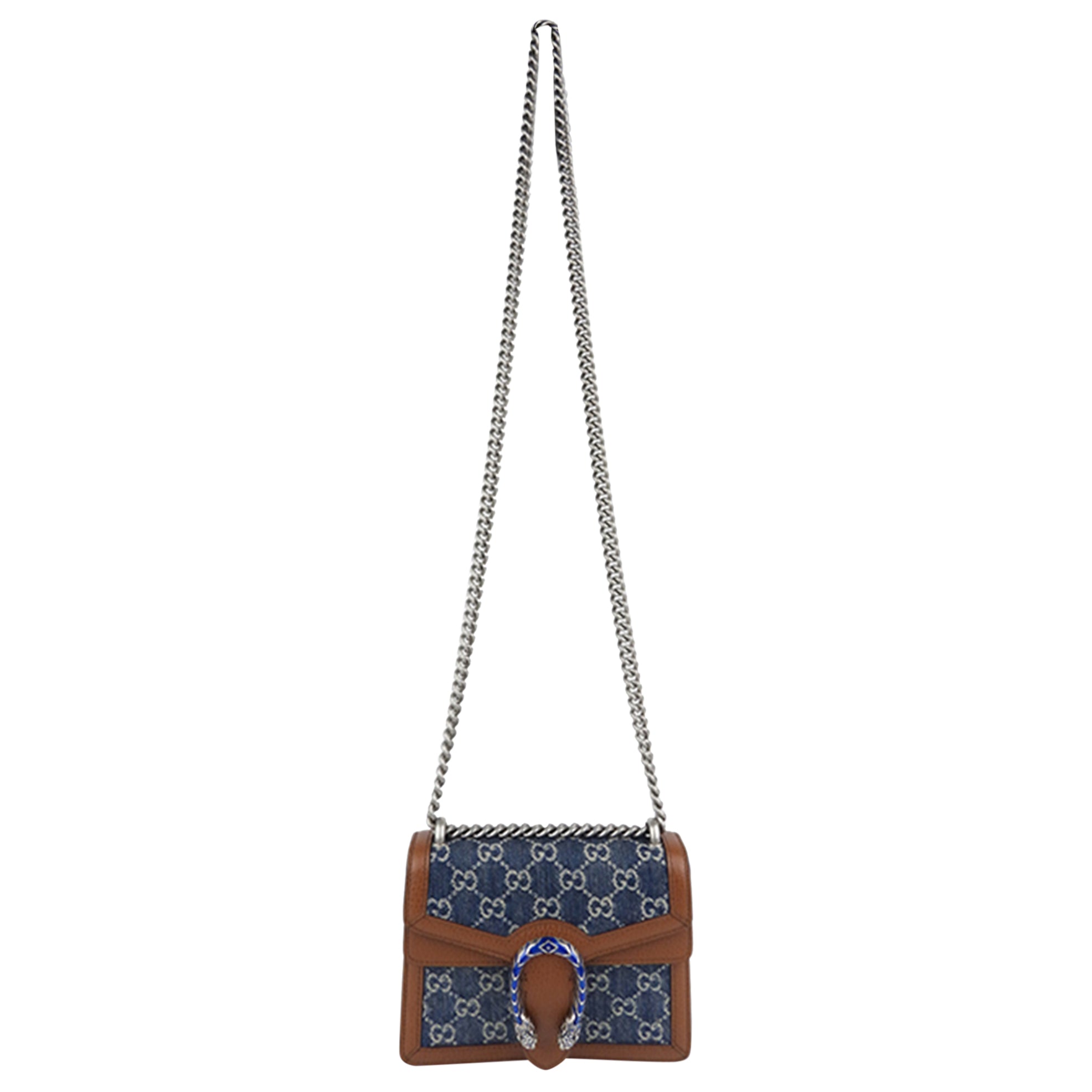Gucci GG Monogram Denim and Brown Leather Mini Dionysus Chain Flap Crossbody Shoulder Bag