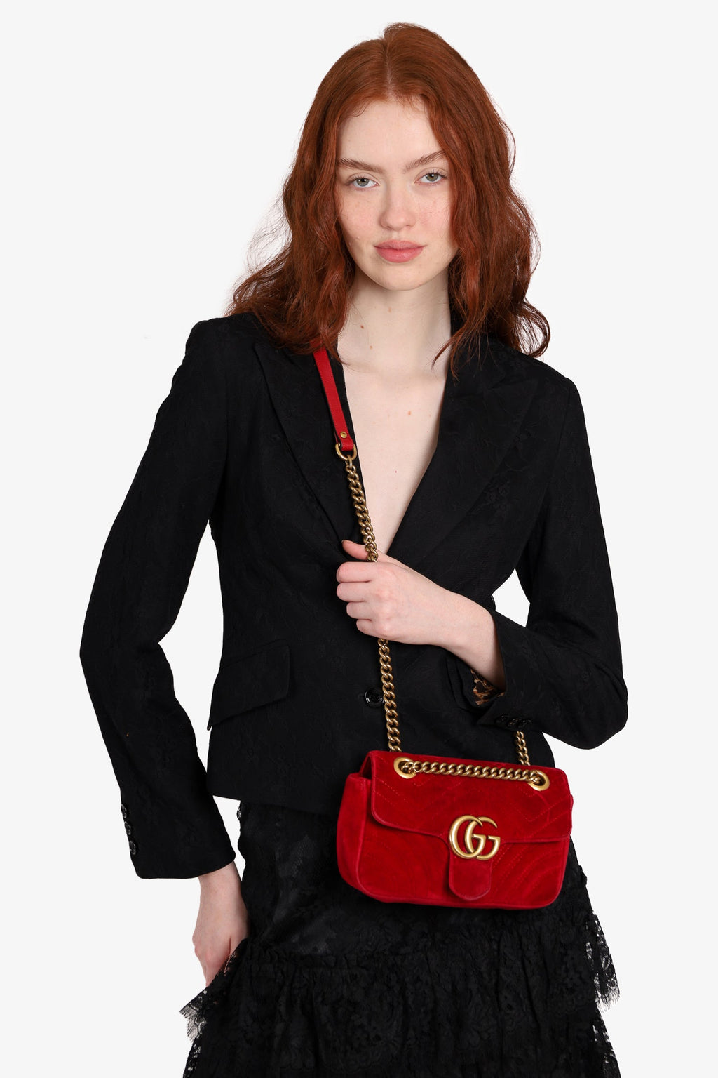Gucci Red Velvet Matelasse Mini Marmont Shoulder Bag