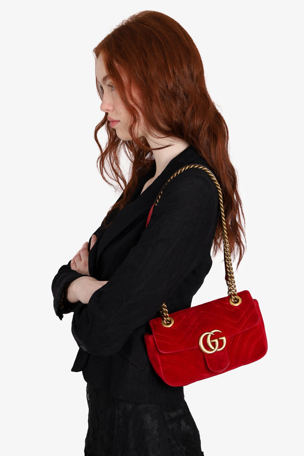 Gucci Red Velvet Matelasse Mini Marmont Shoulder Bag