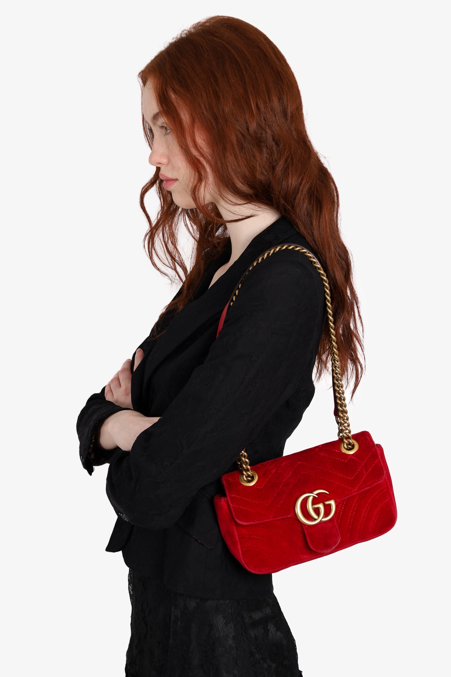 Gucci Red Velvet Matelasse Mini Marmont Shoulder Bag
