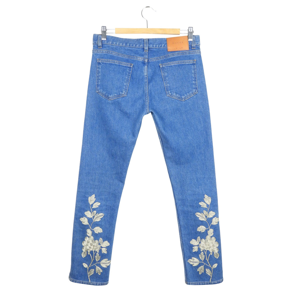 Gucci Blue Denim Silver Floral Embroidered Jeans - 25