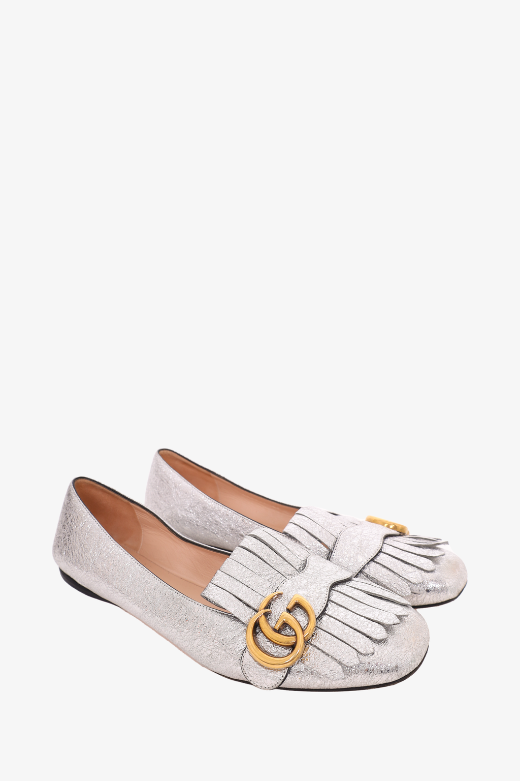Gucci Silver Leather GG Marmont Fringe Flats Size 39