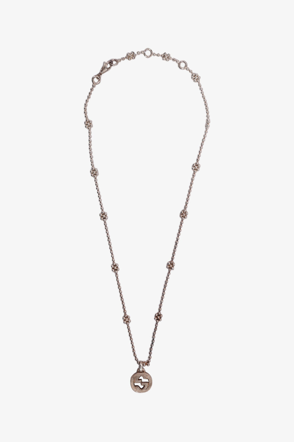 Gucci Sterling Silver Beaded GG Pendant Necklace