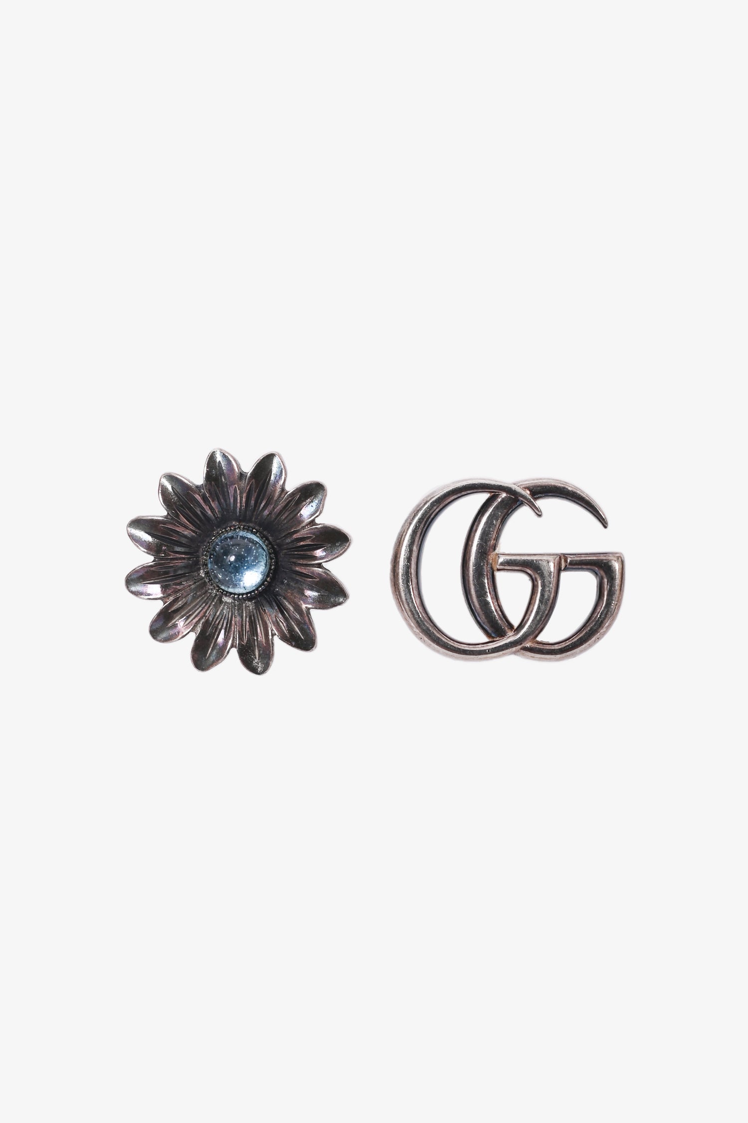 Gucci Sterling Silver GG + Blue Topaz Flower Stud Earrings