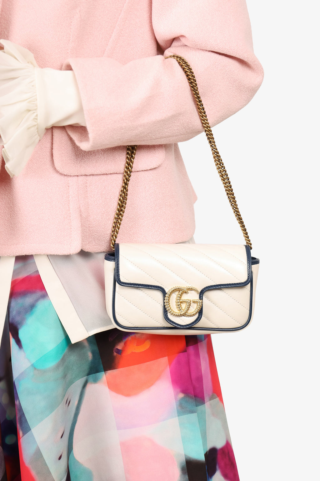 Gucci White/Navy Calfskin Matelasse Super Mini GG Marmont Shoulder Bag