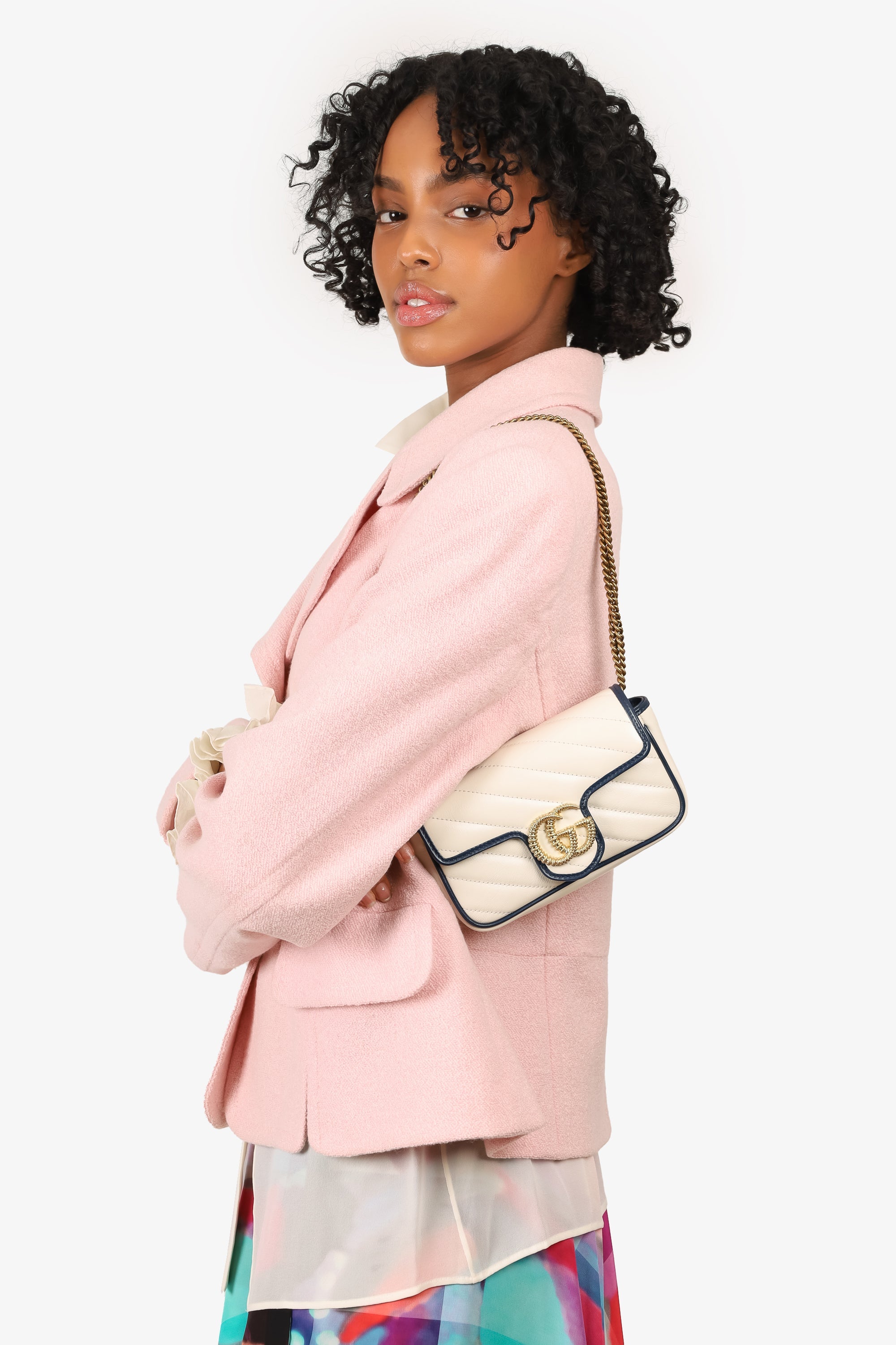 Gucci White/Navy Calfskin Matelasse Super Mini GG Marmont Shoulder Bag