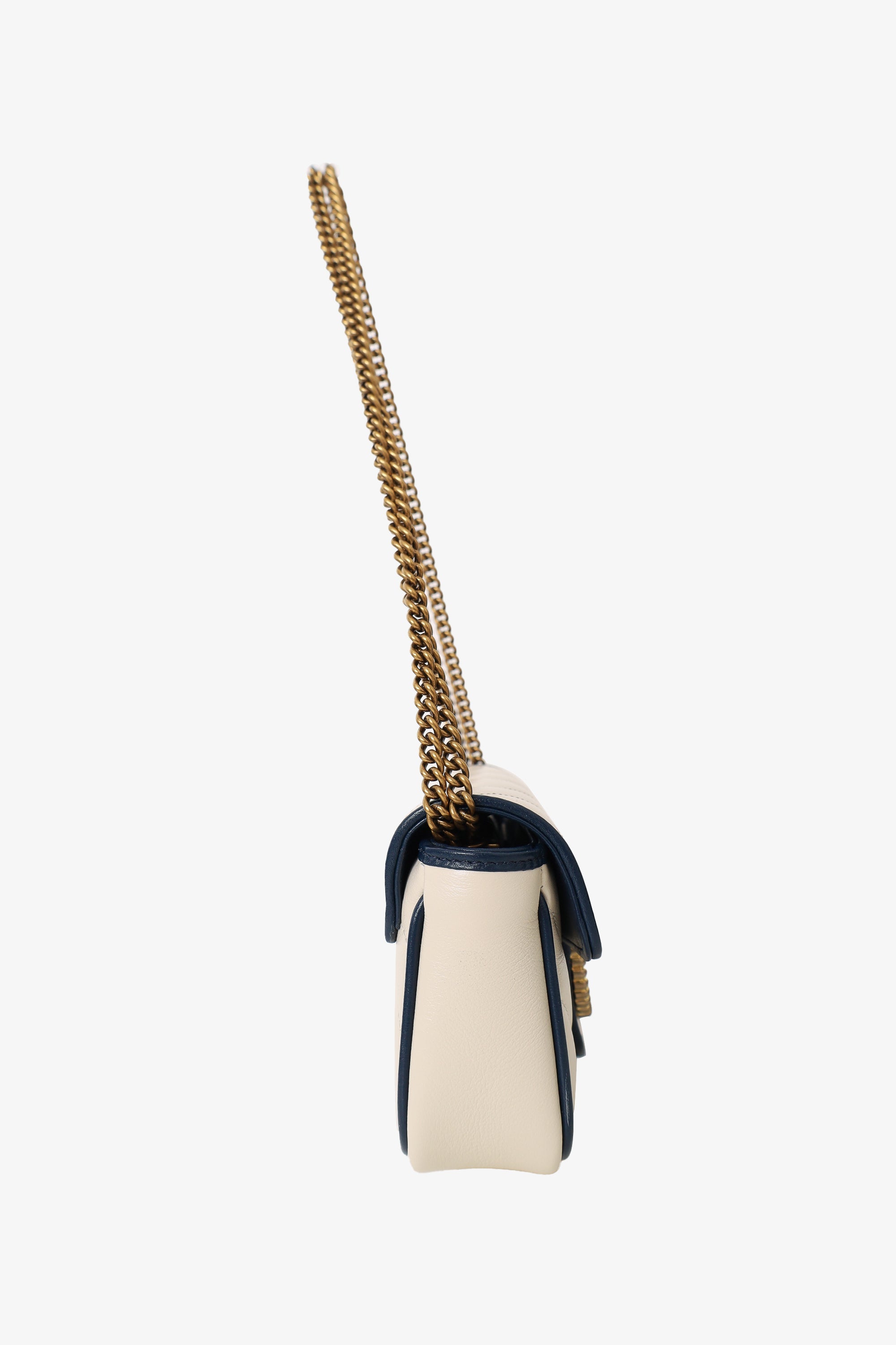 Gucci White/Navy Calfskin Matelasse Super Mini GG Marmont Shoulder Bag