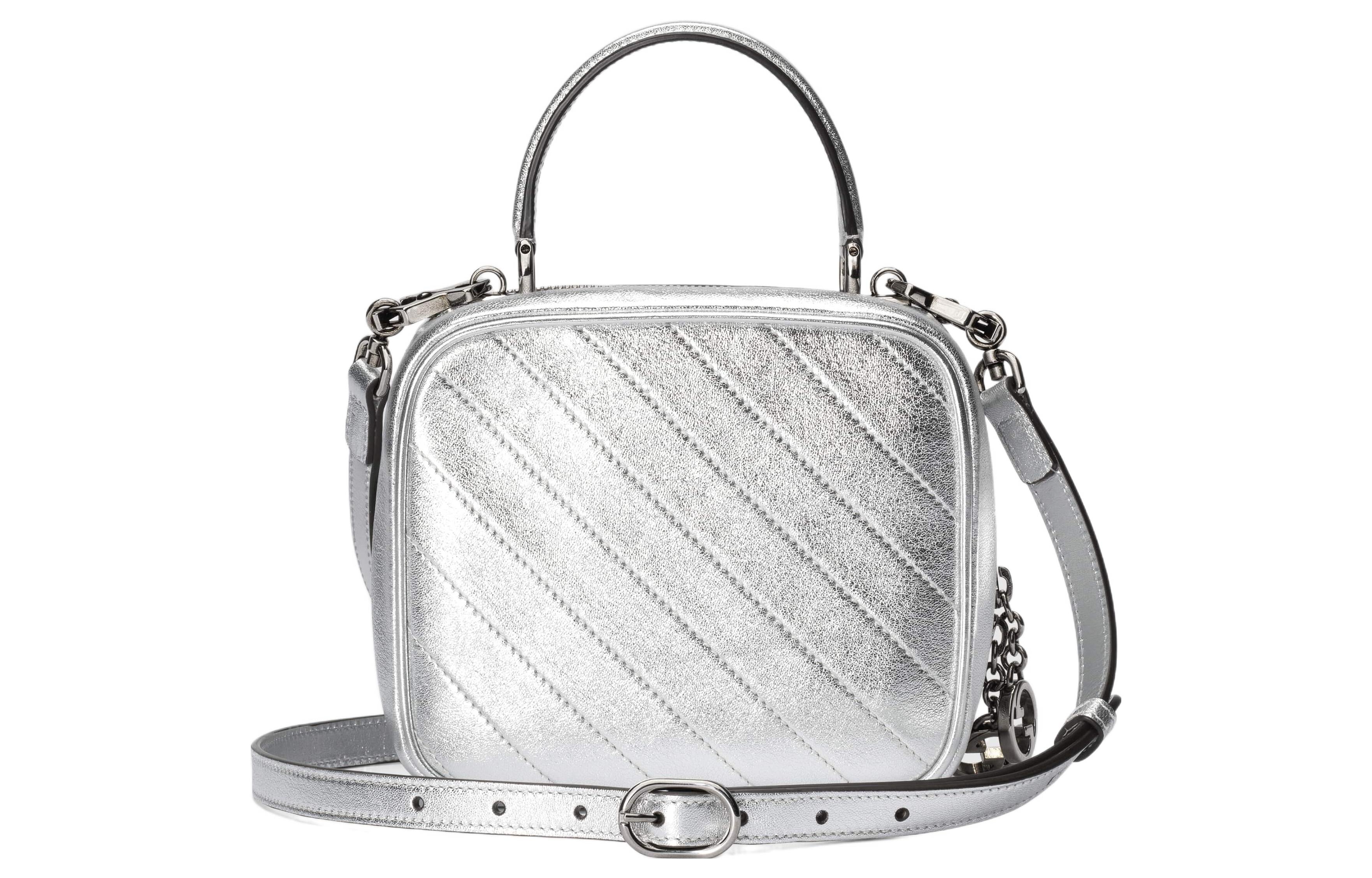 GUCCI BLONDIE METALLIC LEATHER TOP HANDLE BAG WITH STRAP