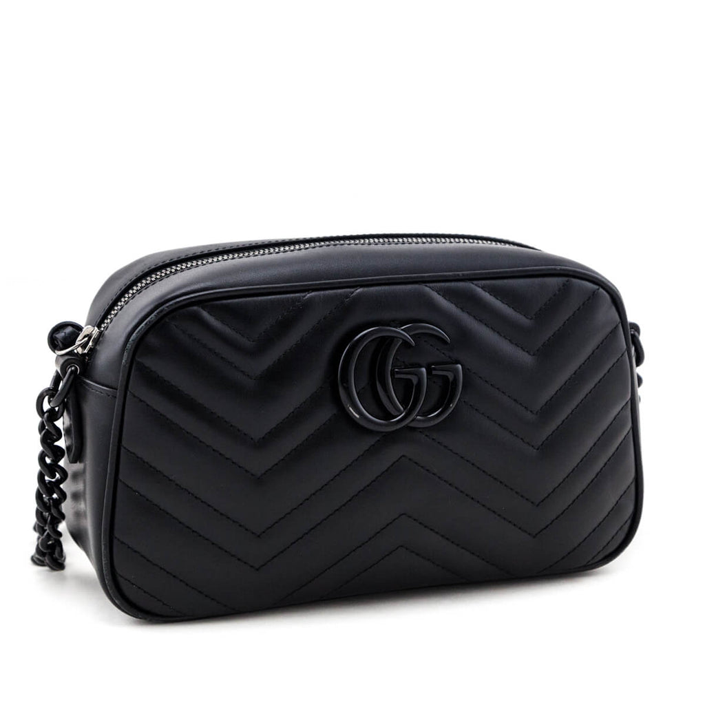 Gucci Black Calfskin Matelasse Small GG Marmont Chain Shoulder Bag