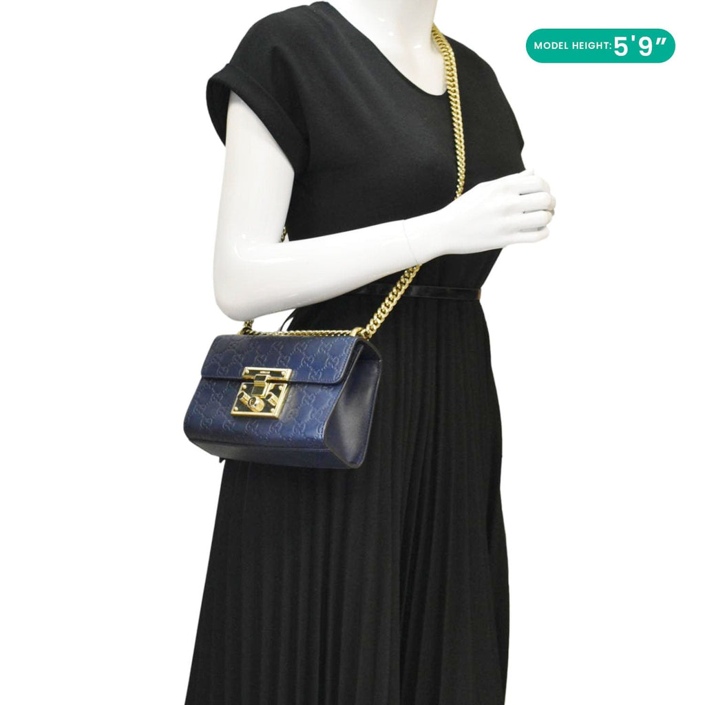 GUCCI Signature Padlock Small Leather Top Handle Shoulder Bag Blue 409487