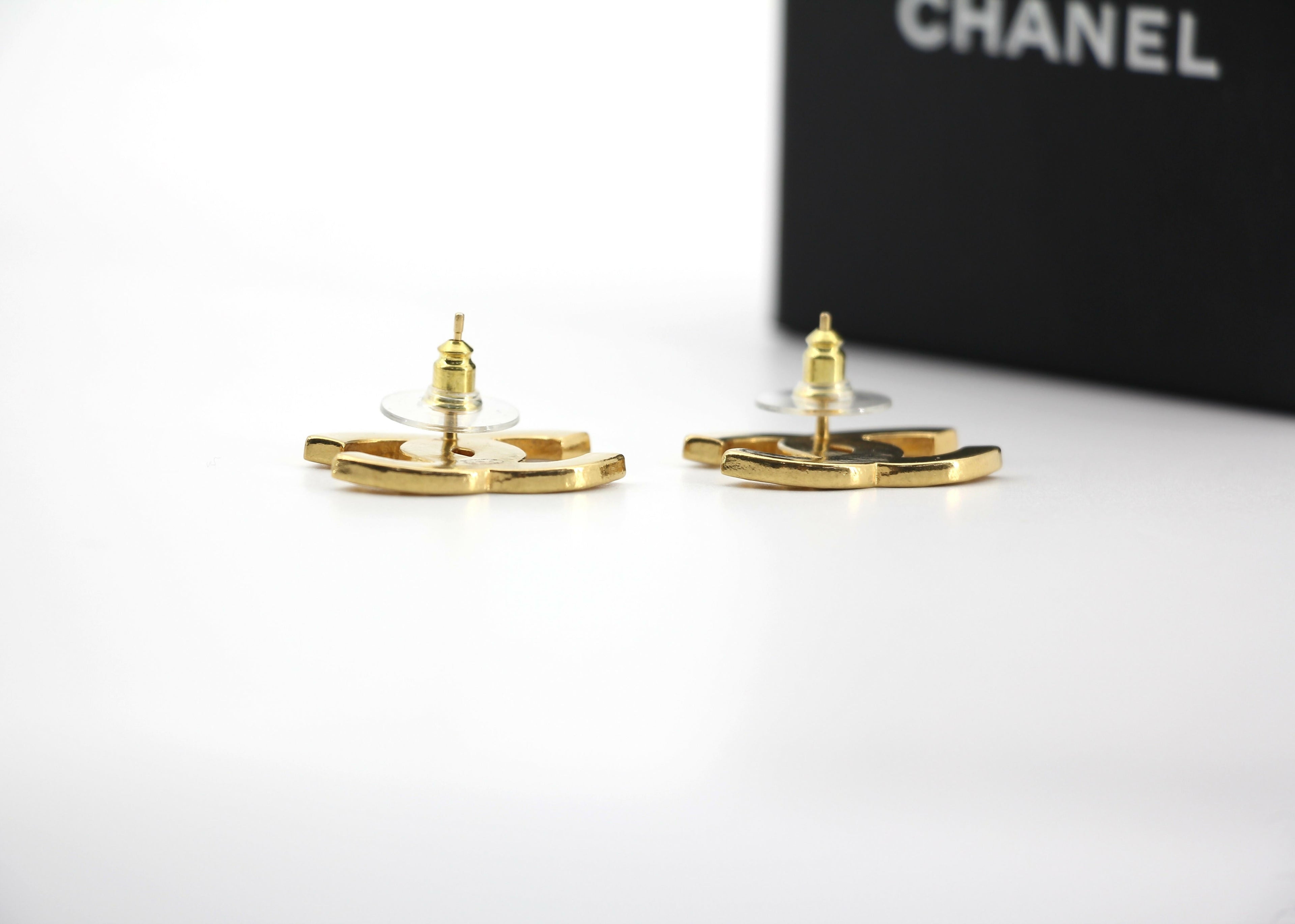 Chanel B19A Metal Square Embossed Gold CC Earrings