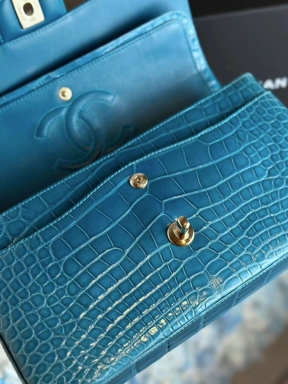 Chanel Vintage Medium Turquoise Crocodile Classic Flap Bag
