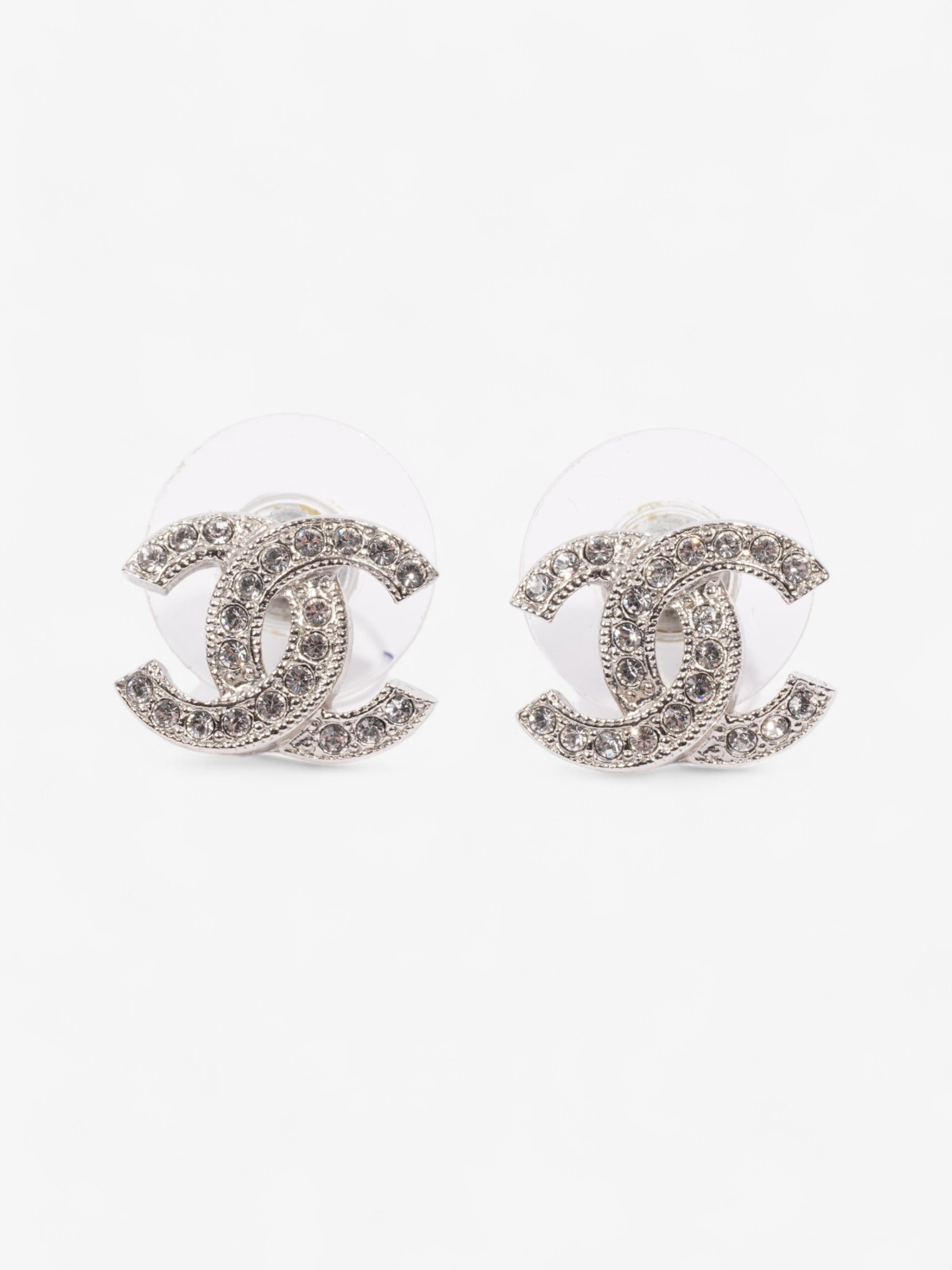 Chanel CC Crystal Stud Earrings Silver / White Base Metal
