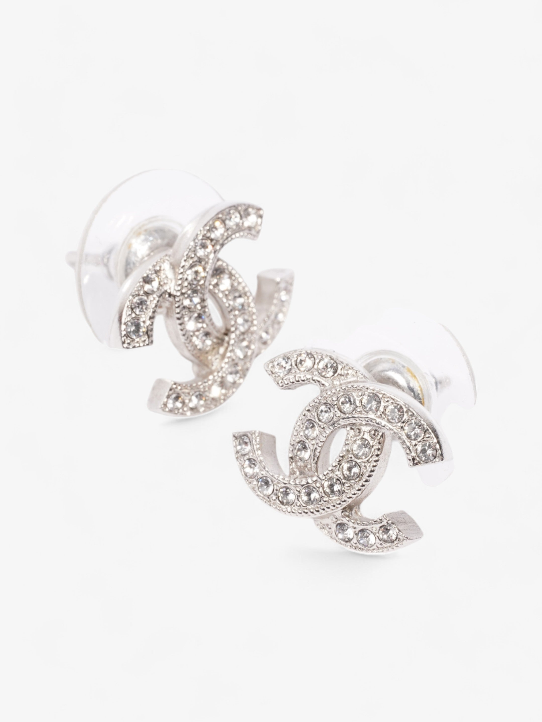 Chanel CC Crystal Stud Earrings Silver / White Base Metal
