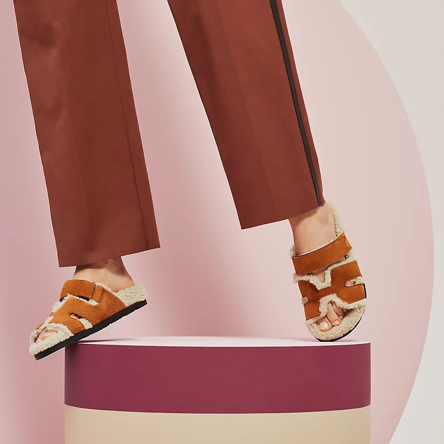 HERMÈS CHYPRE SUEDE SHEARLING SANDAL MULES