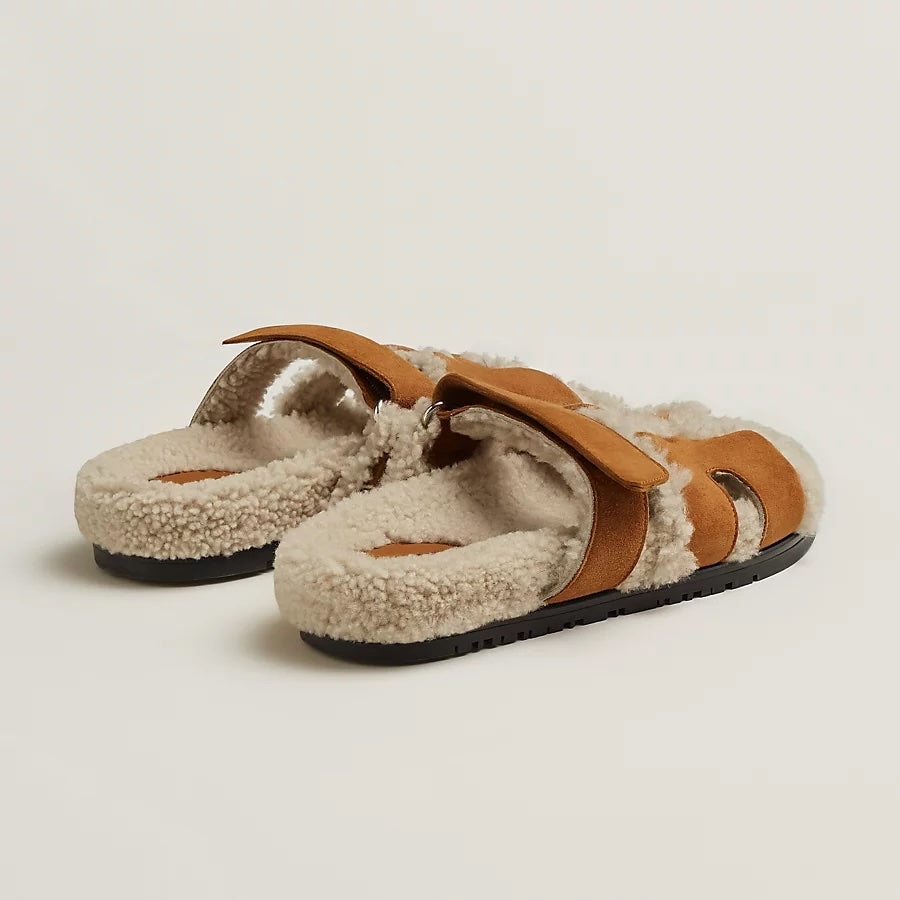 HERMÈS CHYPRE SUEDE SHEARLING SANDAL MULES