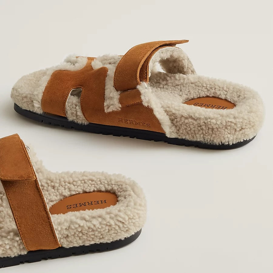 HERMÈS CHYPRE SUEDE SHEARLING SANDAL MULES