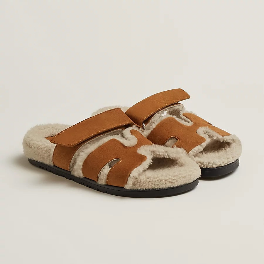 HERMÈS CHYPRE SUEDE SHEARLING SANDAL MULES