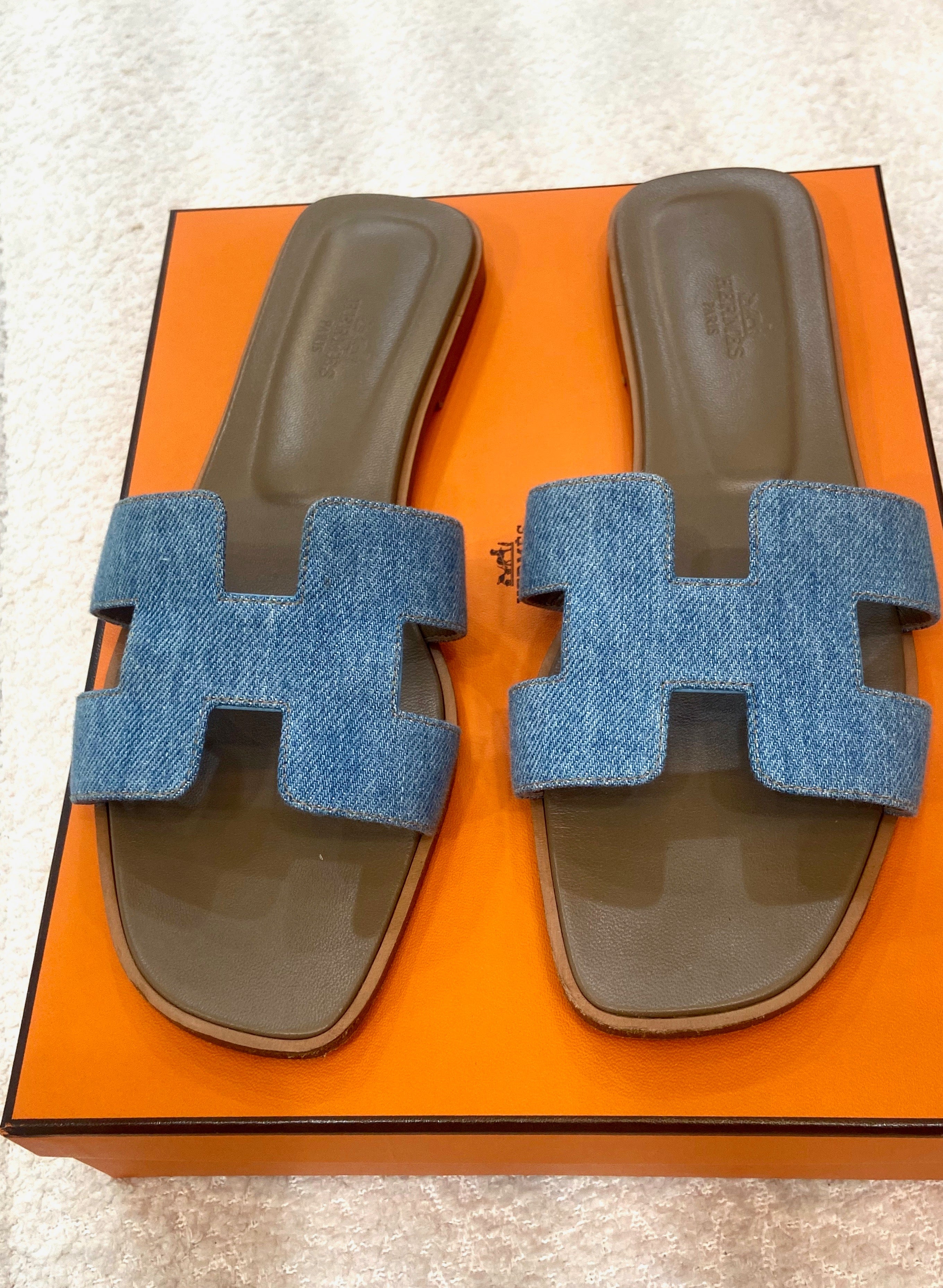 HERMÈS ORAN DENIM LEATHER MULES SANDALS