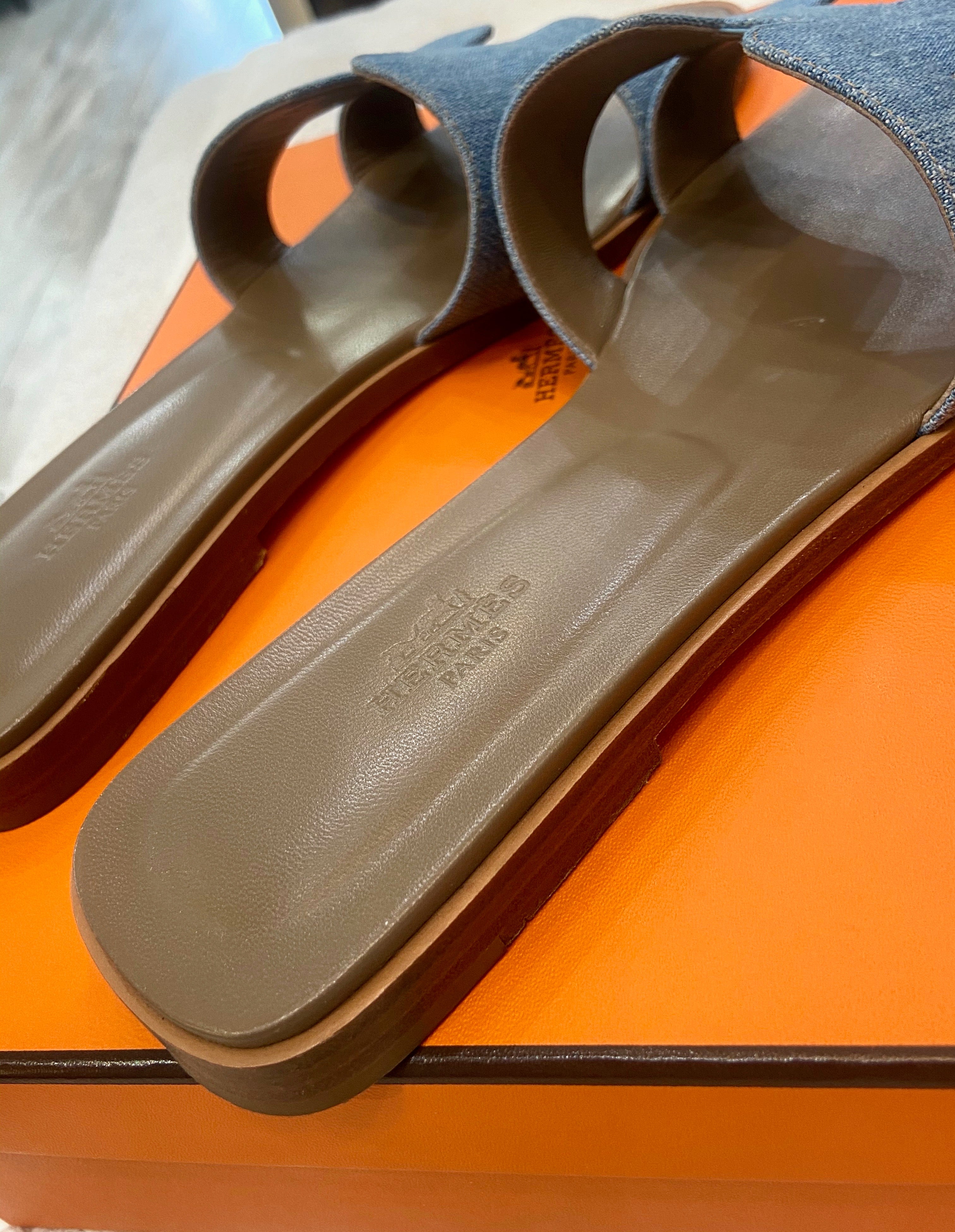 HERMÈS ORAN DENIM LEATHER MULES SANDALS