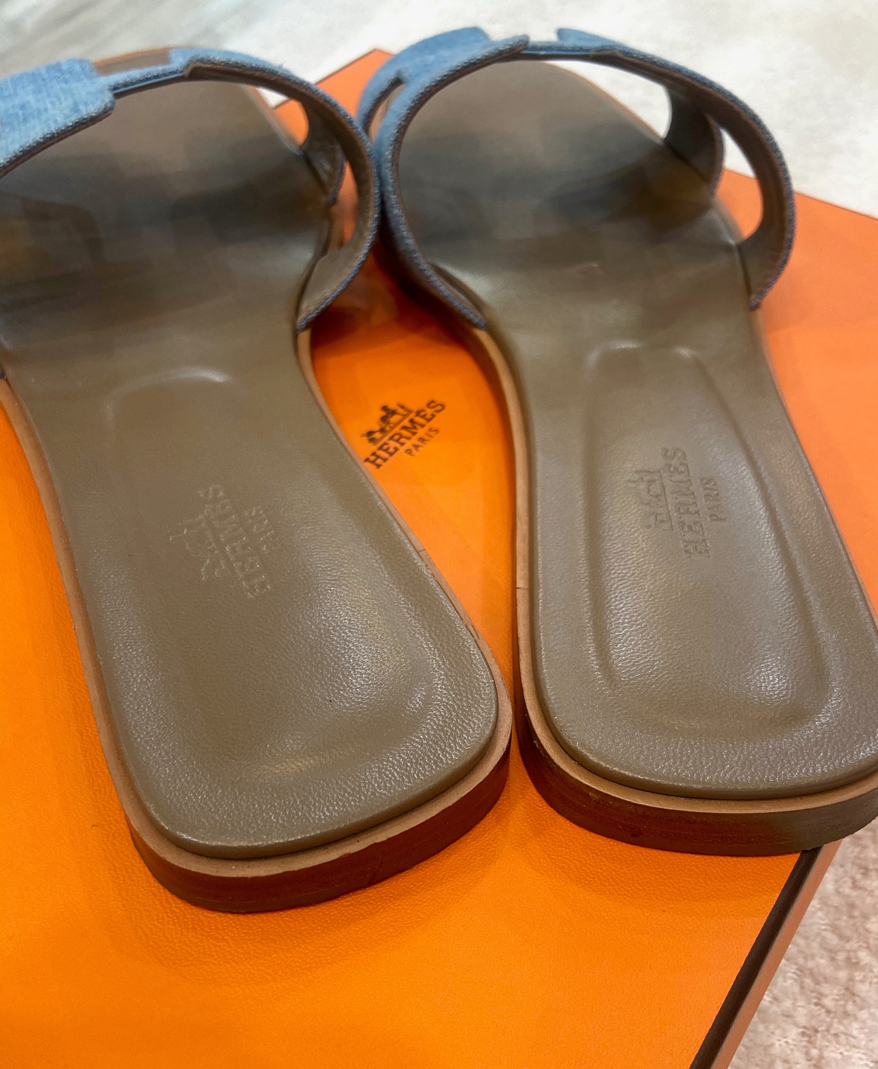 HERMÈS ORAN DENIM LEATHER MULES SANDALS