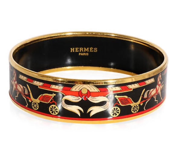 HERMÈS WIDE ENAMEL 18K GOLD PLATED BANGLE BRACELET