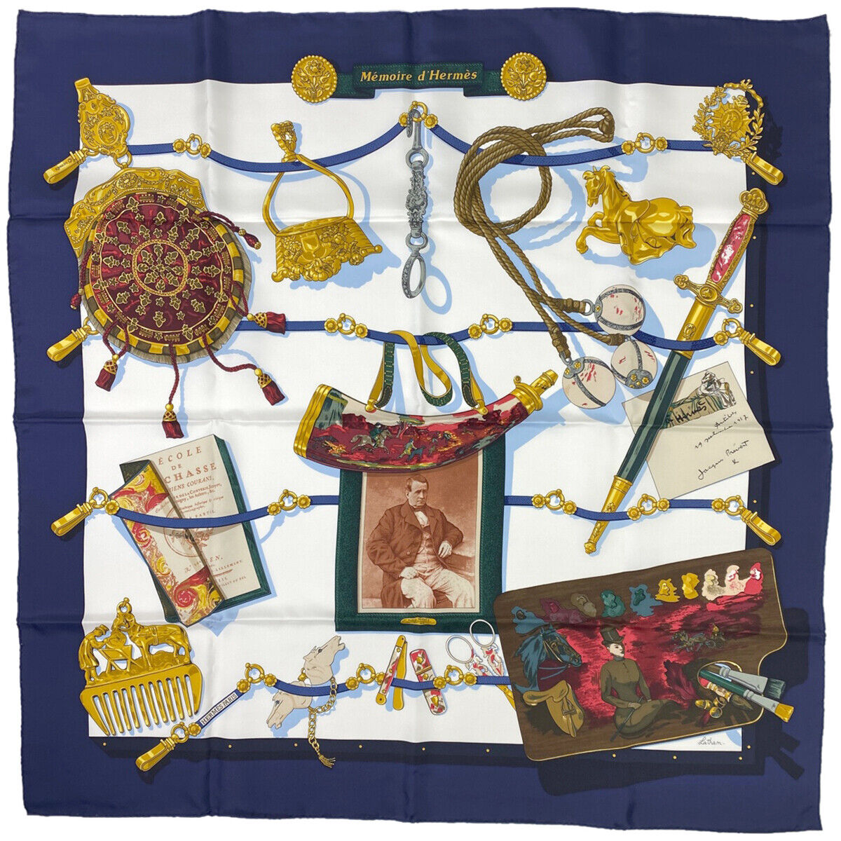 HERMÈS "ECOLE FRANCAISE D'EQUITATION," BY JEAN DE FOUGEROLLE SILK SCARF