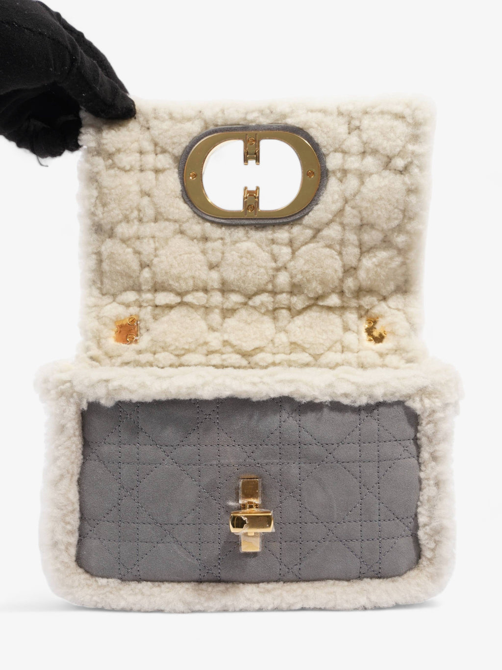 Christian Dior Small Caro Grey / Cream Shearling