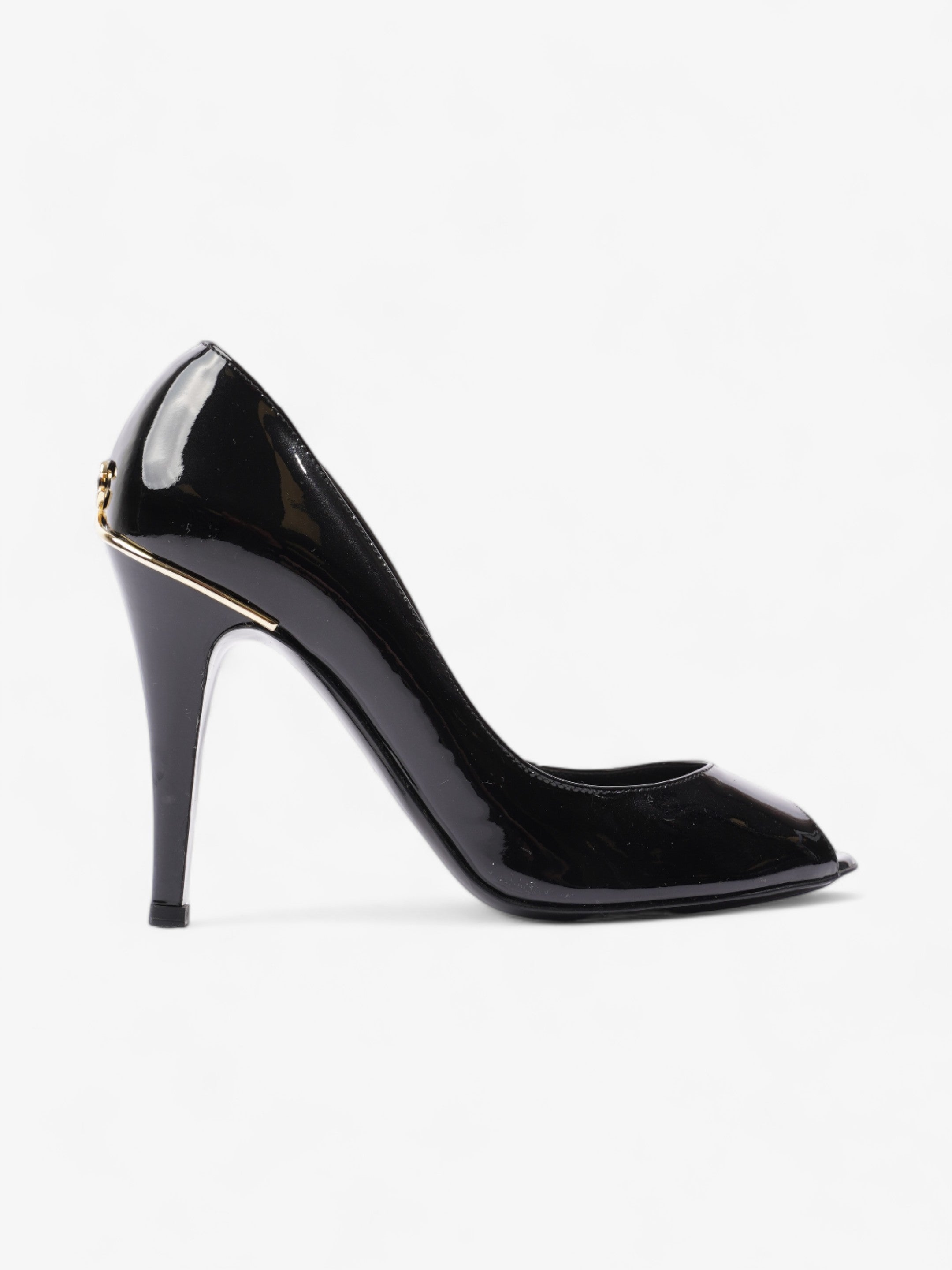 Chanel CC Logo Peep Toe Heels 85mm Black Patent Leather EU 38.5 UK 5.5
