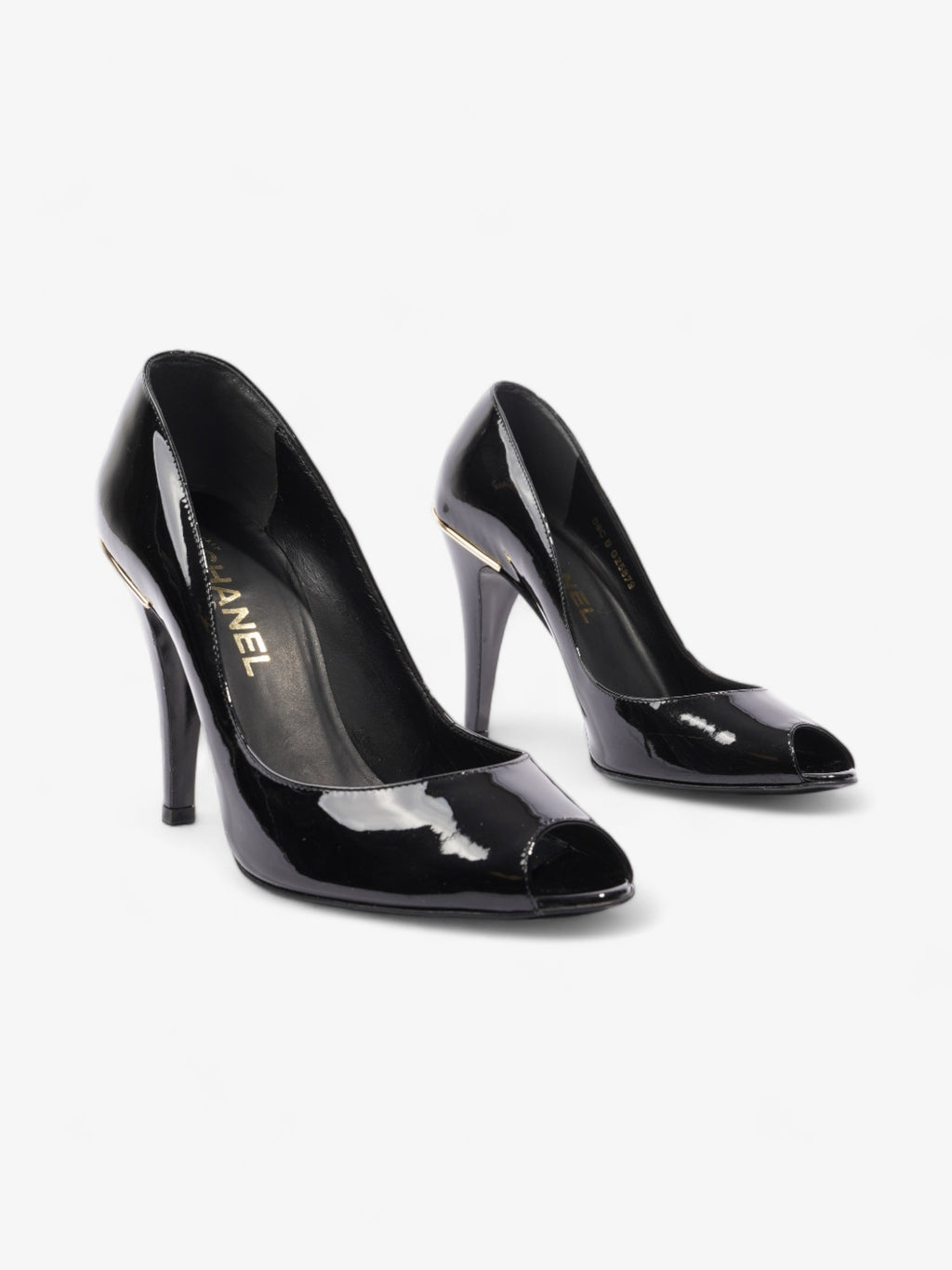 Chanel CC Logo Peep Toe Heels 85mm Black Patent Leather EU 38.5 UK 5.5