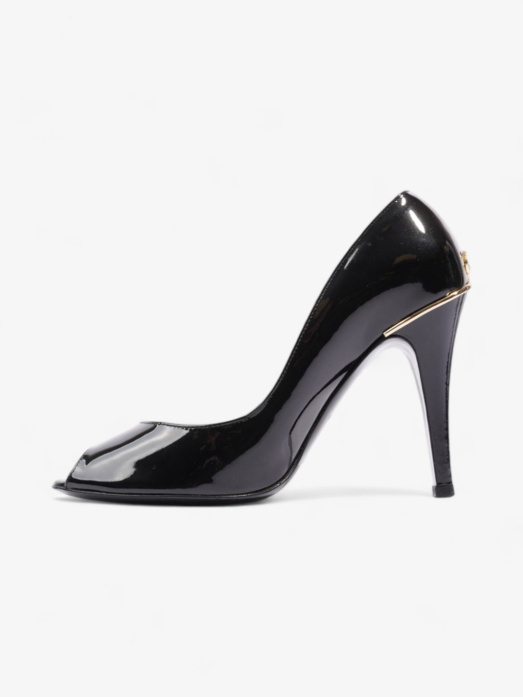 Chanel CC Logo Peep Toe Heels 85mm Black Patent Leather EU 38.5 UK 5.5