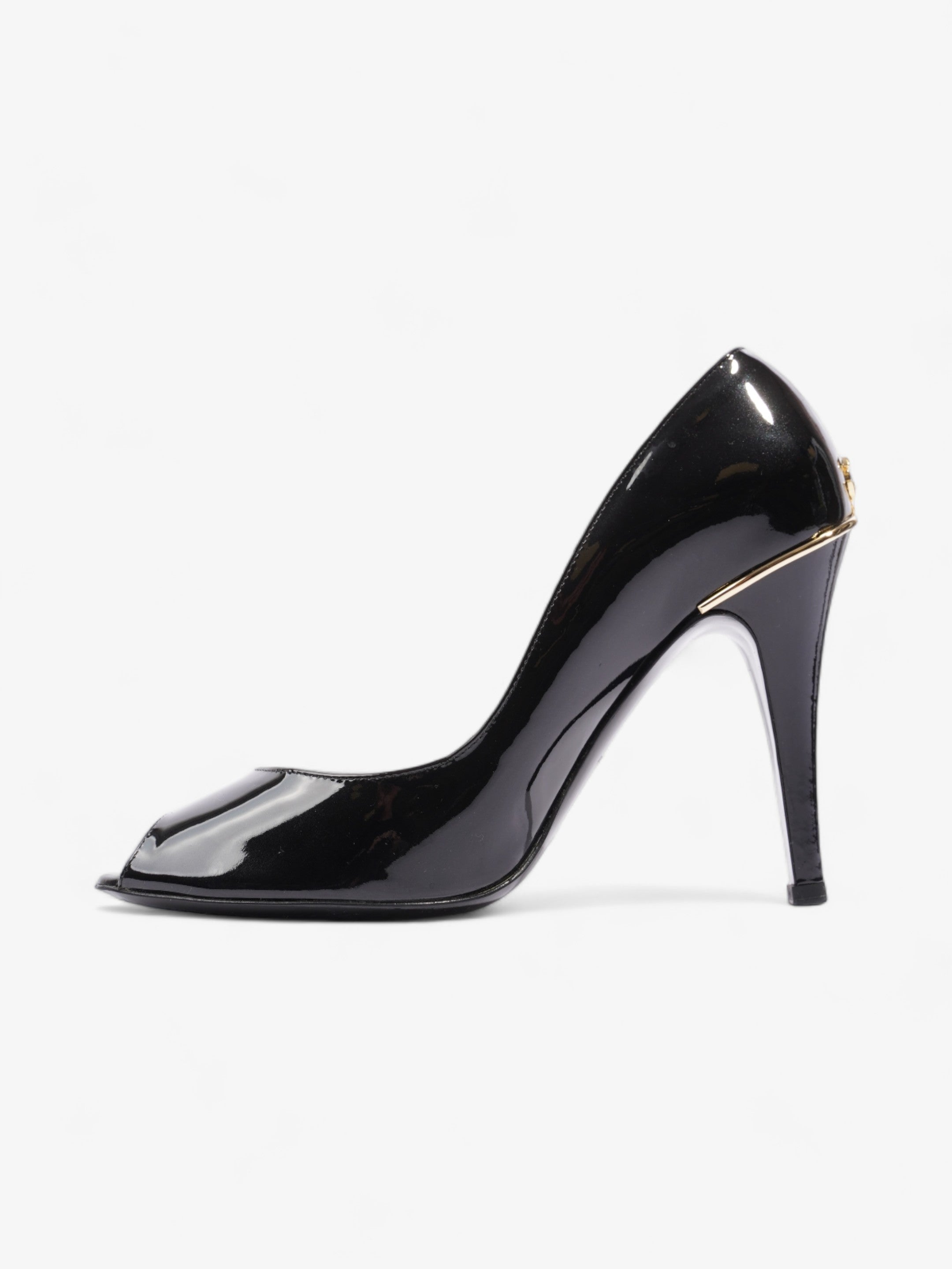 Chanel CC Logo Peep Toe Heels 85mm Black Patent Leather EU 38.5 UK 5.5