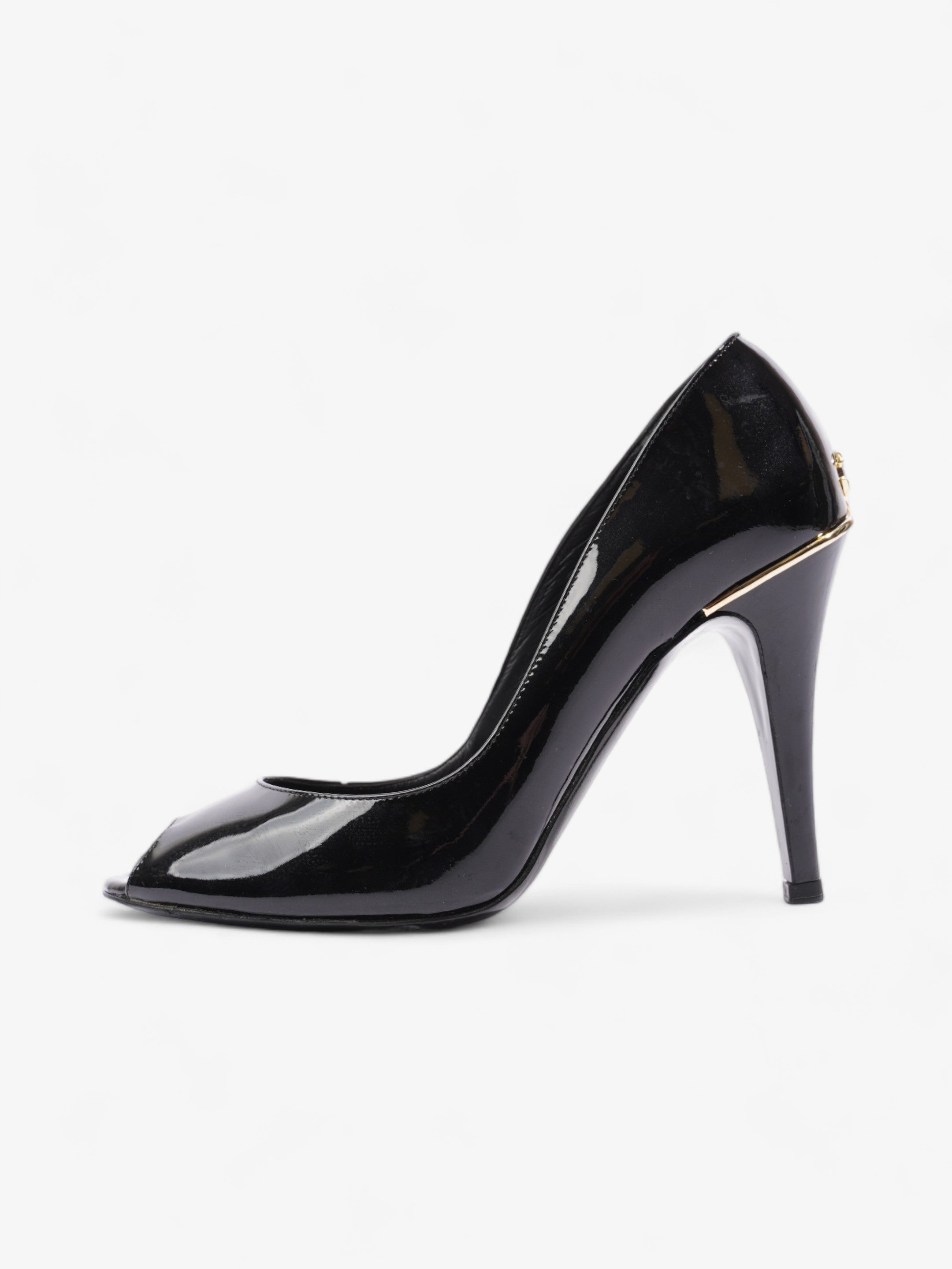 Chanel CC Logo Peep Toe Heels 85mm Black Patent Leather EU 38.5 UK 5.5