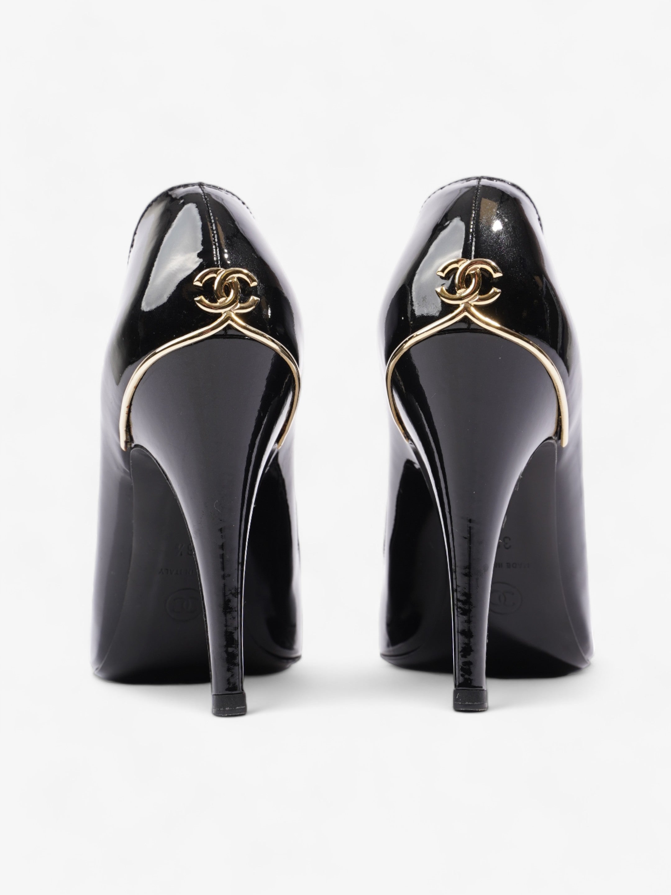 Chanel CC Logo Peep Toe Heels 85mm Black Patent Leather EU 38.5 UK 5.5