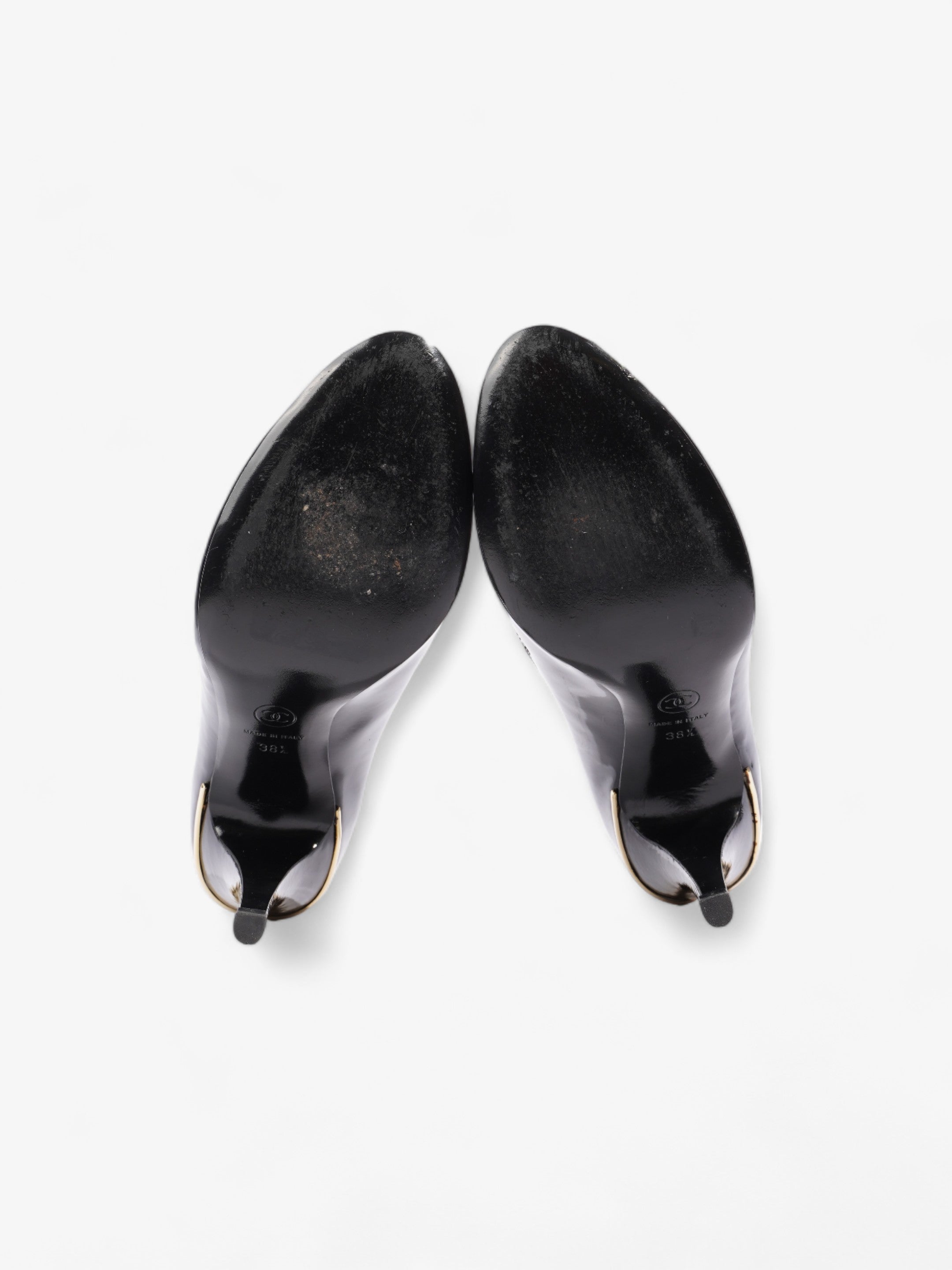 Chanel CC Logo Peep Toe Heels 85mm Black Patent Leather EU 38.5 UK 5.5