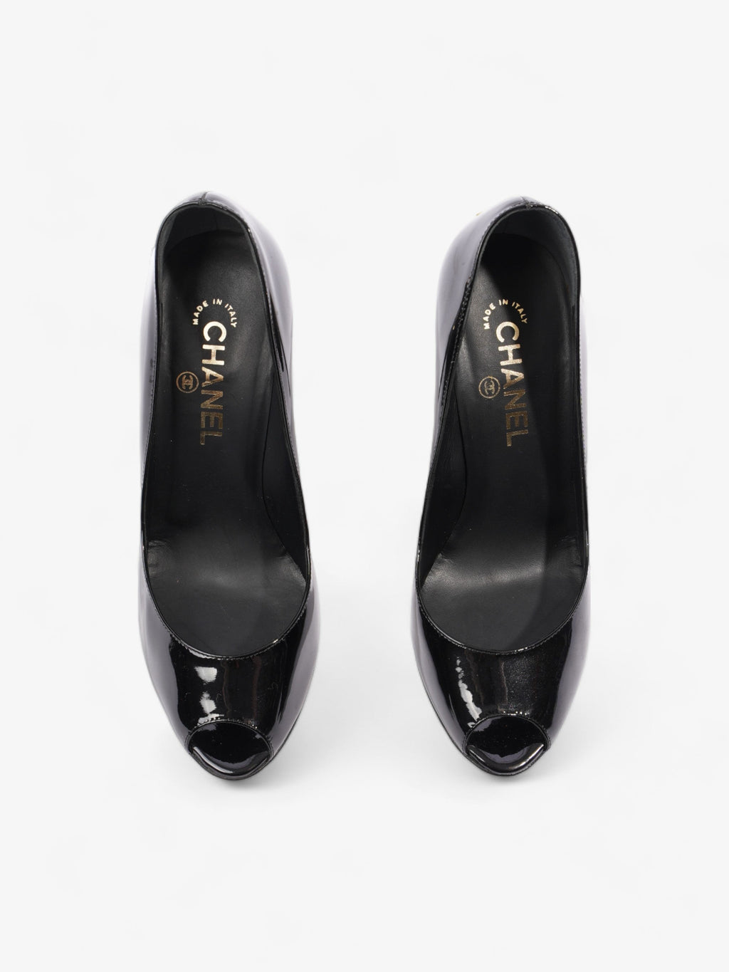 Chanel CC Logo Peep Toe Heels 85mm Black Patent Leather EU 38.5 UK 5.5