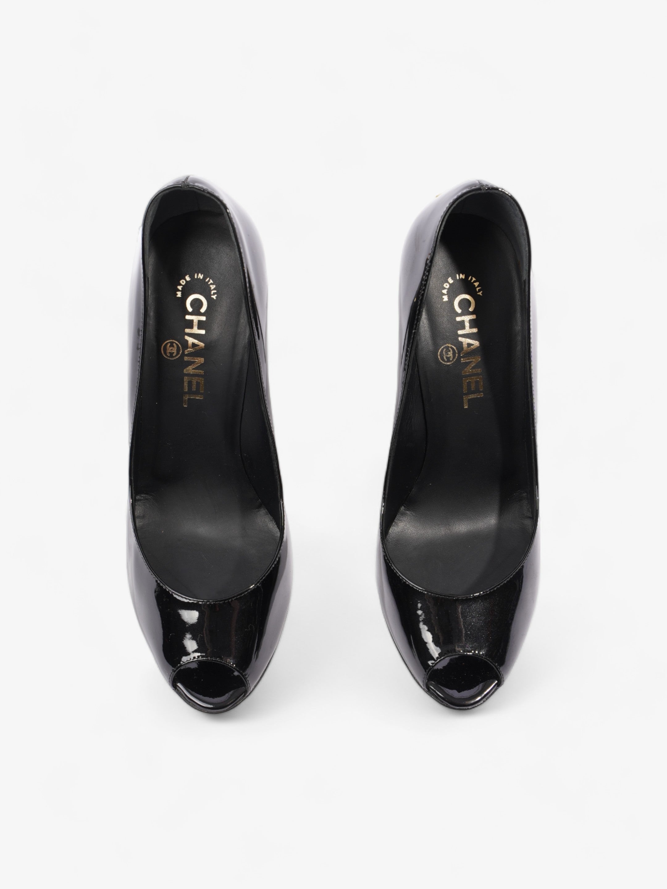 Chanel CC Logo Peep Toe Heels 85mm Black Patent Leather EU 38.5 UK 5.5