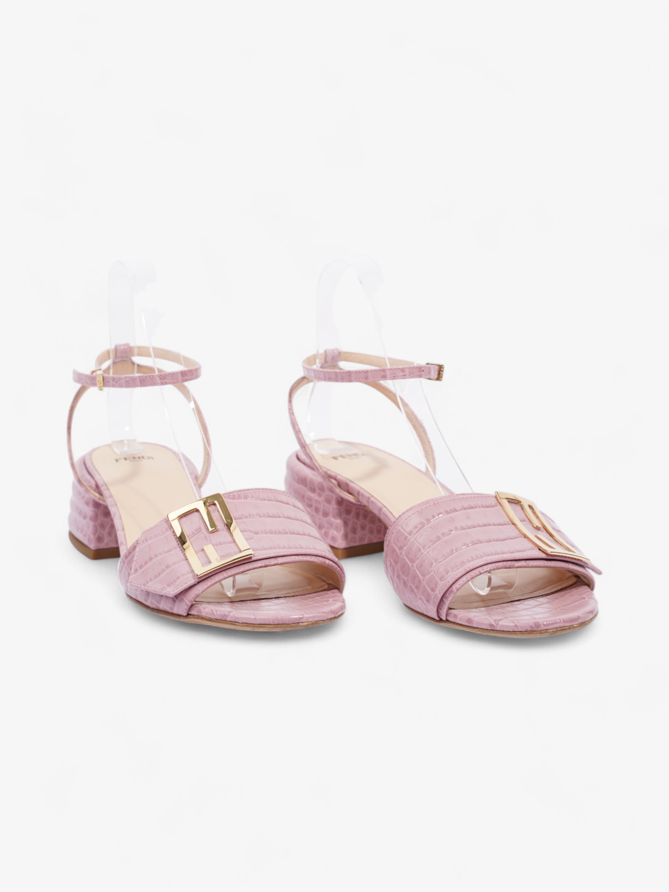 Fendi Promenade Ankle Strap Sandals 40mm Pink / Gold Embossed Leather EU 39 UK 6
