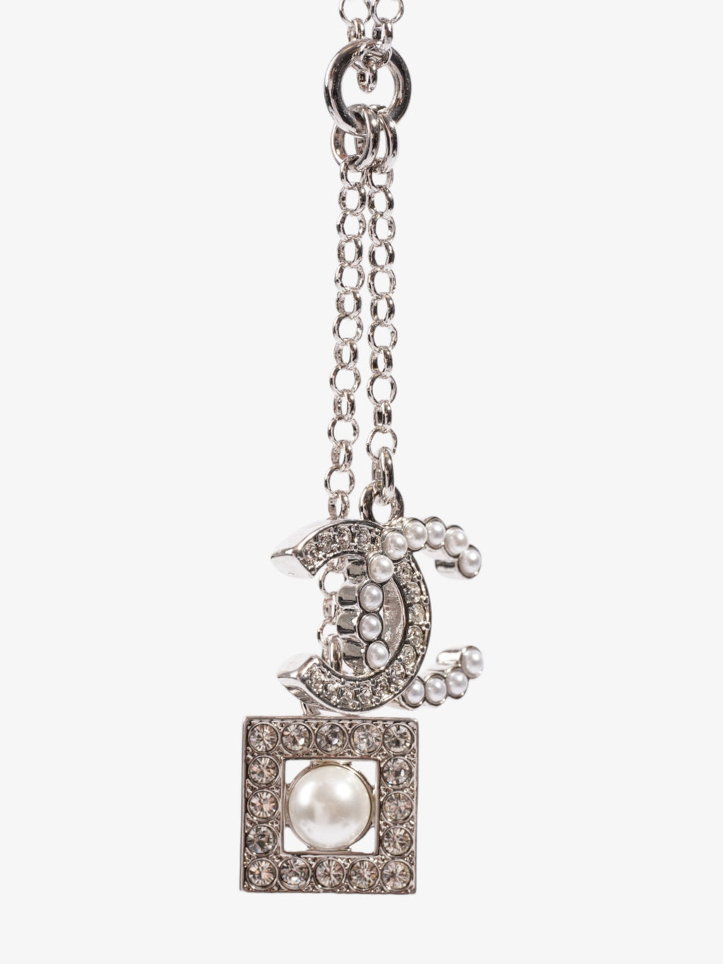 Chanel CC Pearl Square Necklace Silver Base Metal