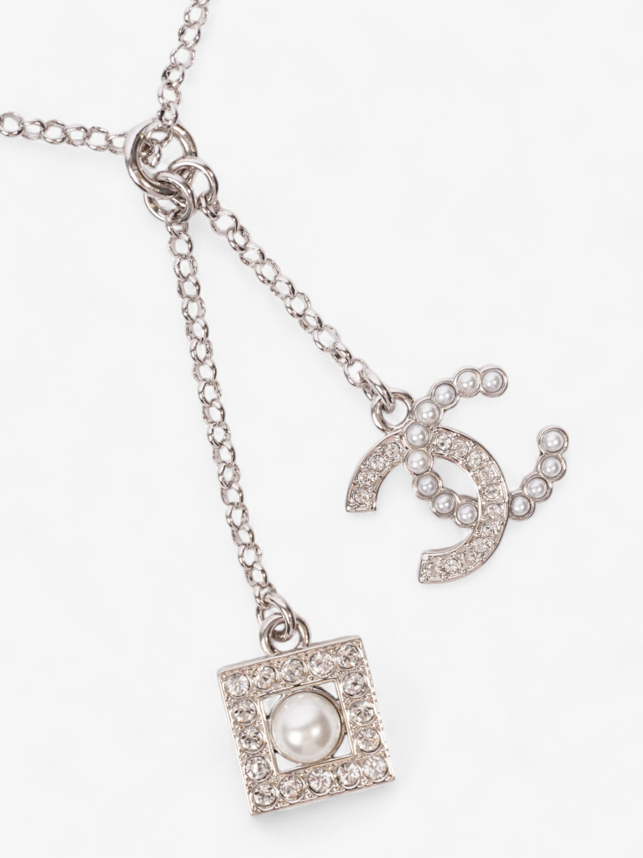Chanel CC Pearl Square Necklace Silver Base Metal